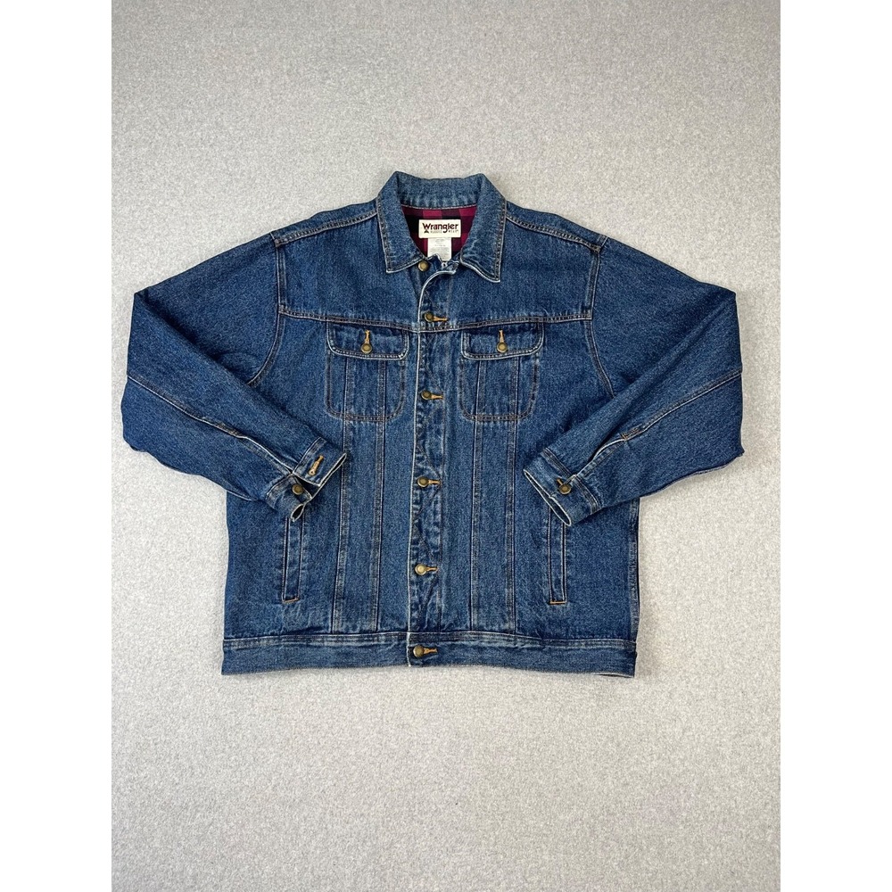 Vintage Wrangler Rugged Wear Denim Jacket Mens XLT Blue Flannel Lined Button Up